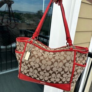 Coach Brown And Red Tote Shoulder Bag